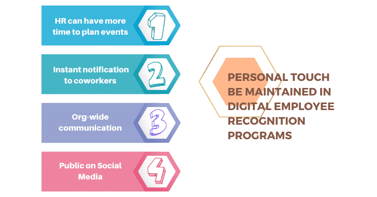 How can personal touch be maintained in digital employee recognition programs?