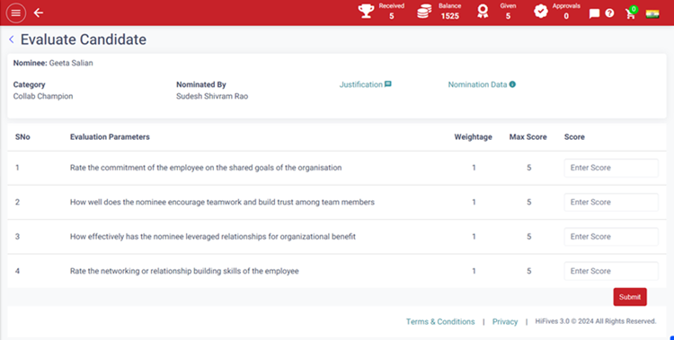 Jury Evaluation of Award Nominations on the HiFives Rewards and Recognition Platform at a Financial Services Platform