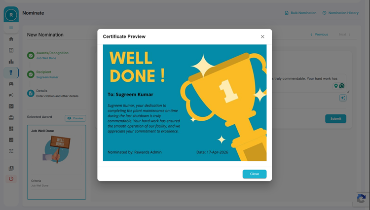 Peer Recognition on the HiFives Platform for a manufacturing company