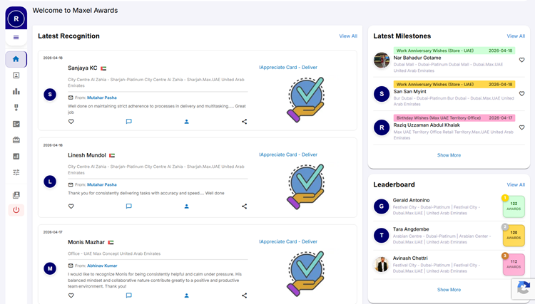 User Dashboard of the HiFives Employee Rewards and Recognition Platform at a Retail Company