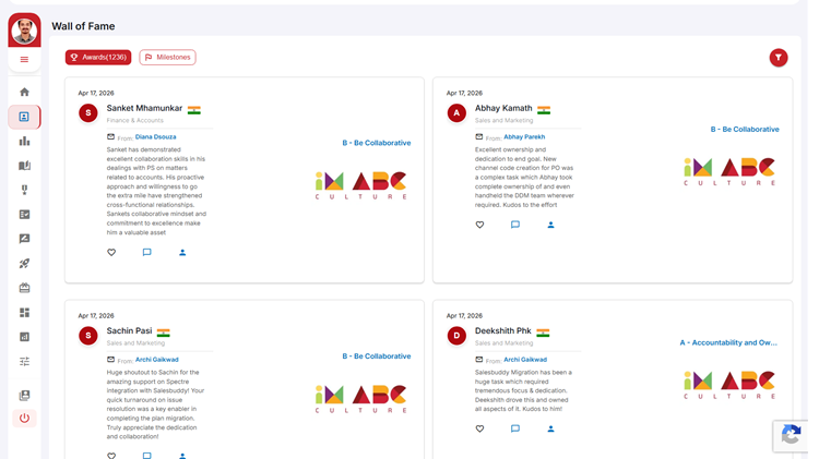 Wall of Fame on the HiFives Employee Rewards and Recognition Platform for a Financial Services Company
