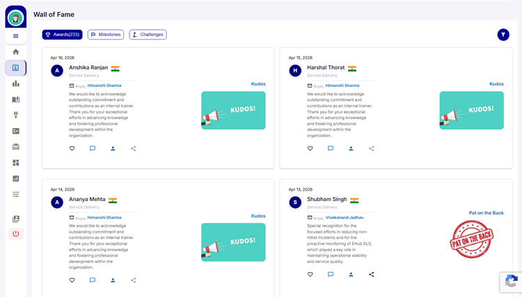 Wall of Fame on the HiFives Employee Rewards and Recognition Platform for a Global IT Company