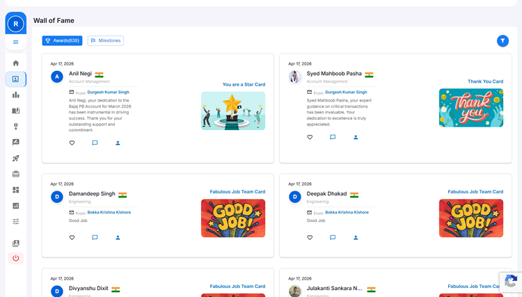 Wall of Fame on the HiFives Employee Rewards and Recognition Platform for a Healthcare Startup