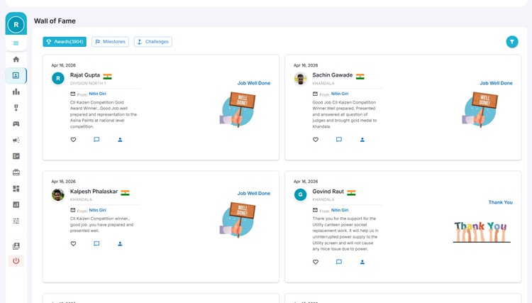 Wall of Fame on the HiFives Employee Rewards and Recognition Platform for a Manufacturing Platform