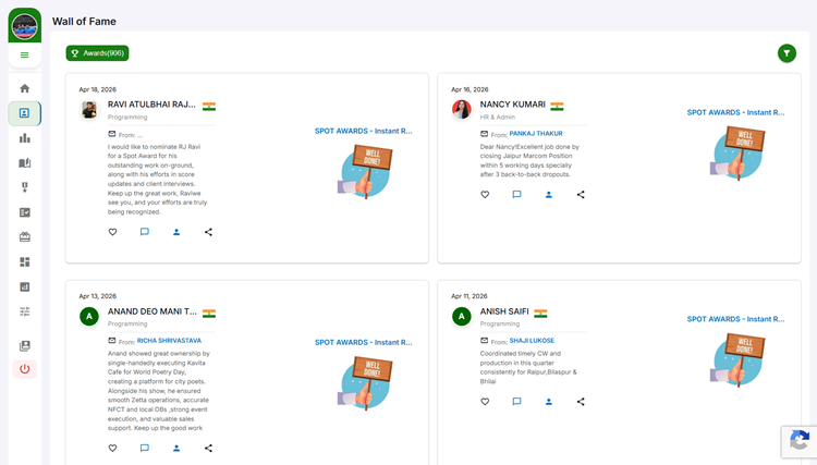 Wall of Fame on the HiFives Employee Rewards and Recognition Platform for a Media Company