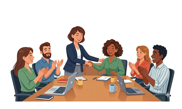 Manager recognizing employee at a team meeting